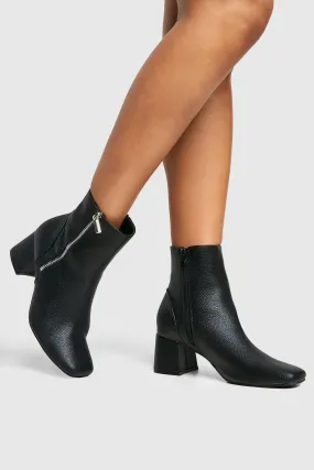 Textured Side Zip Low Block Heel Boots