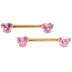 threadless: Heart-Cut Brilliant-Cut Gems Side-Set Nipple Barbells in Prong's in Gold 5/8 (longer) - pair