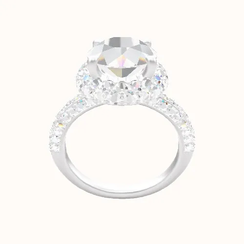 Three Row Pave Engagement Ring With Low Set Waterfall Halo Head