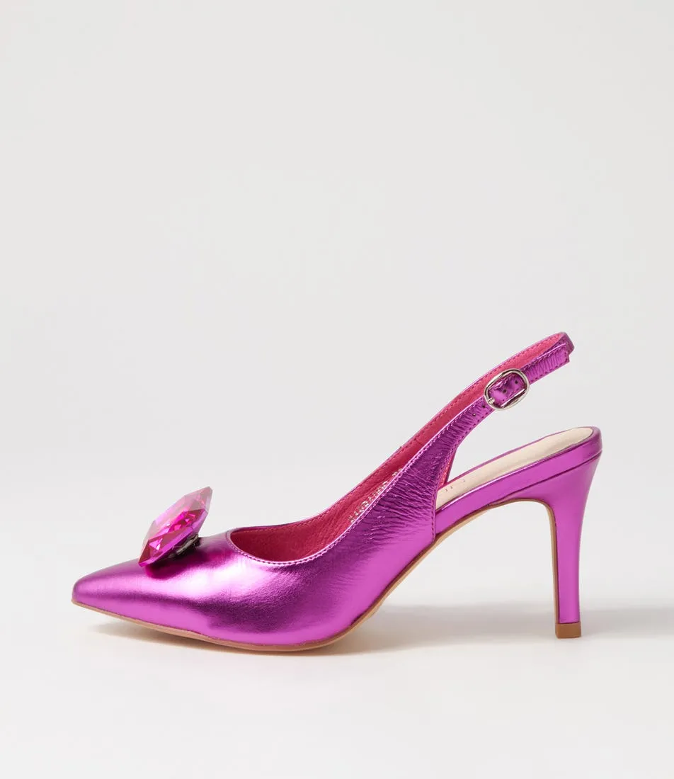 TOP END Barbados Fuchsia Metallic Leather Jewels Heels