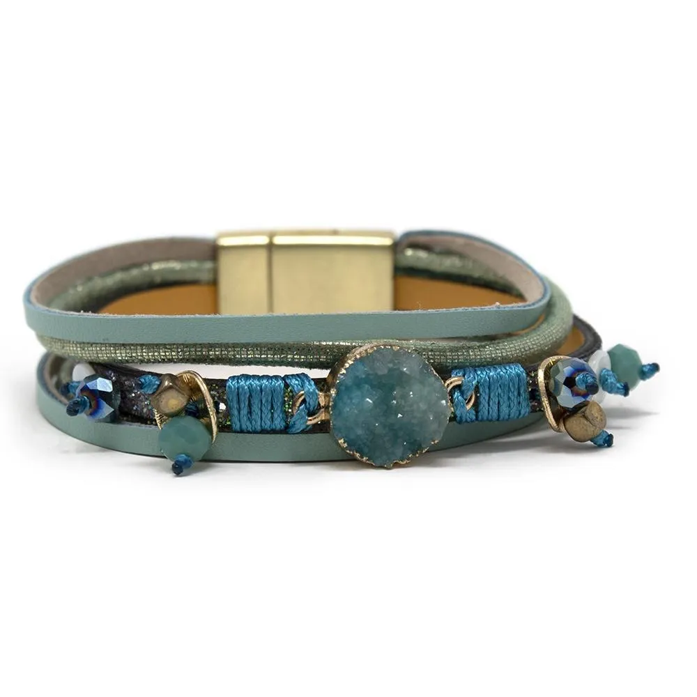 Turquoise Leather Druzy Bracelet with Five Rows