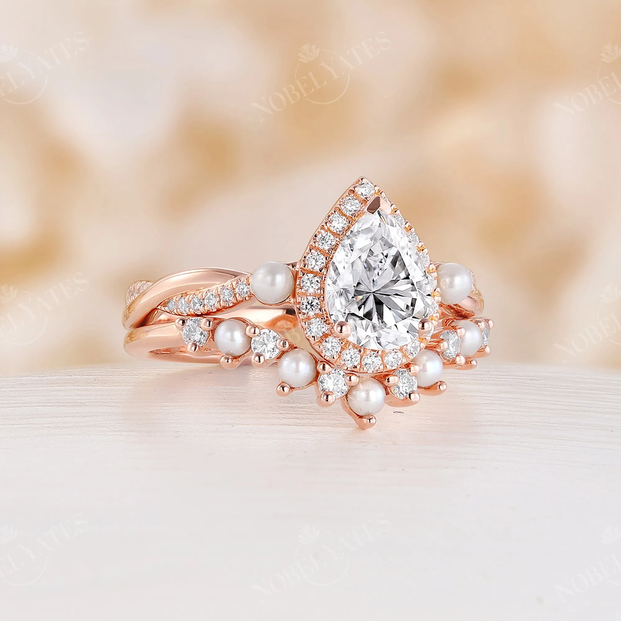 Twist Moissanite Rose Gold BrIdal Set Pearl Side Stone Band