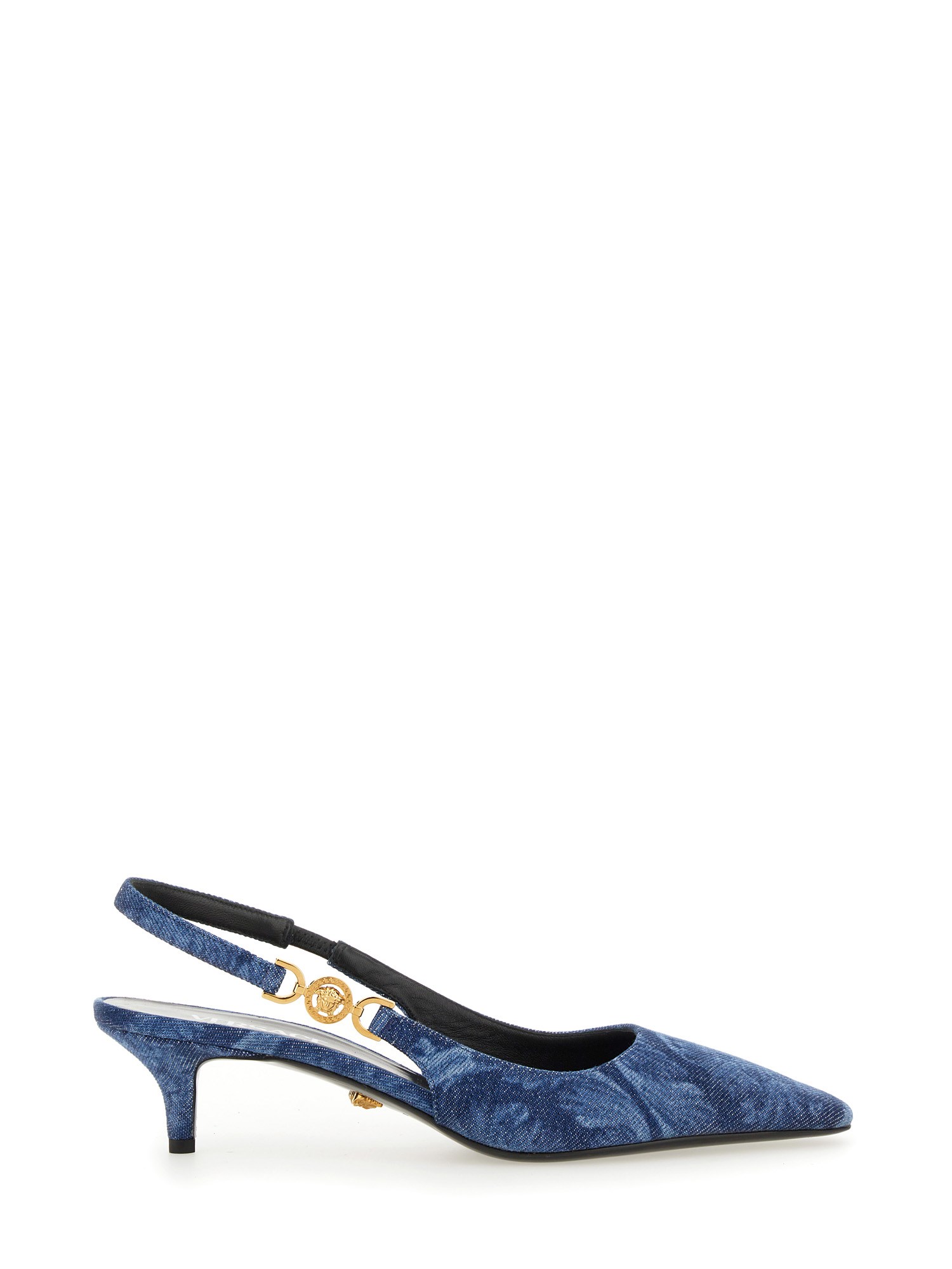 Versace baroque denim low pumps- Google SEO-friendly result: Versace blue Baroque printed low-heel pumps