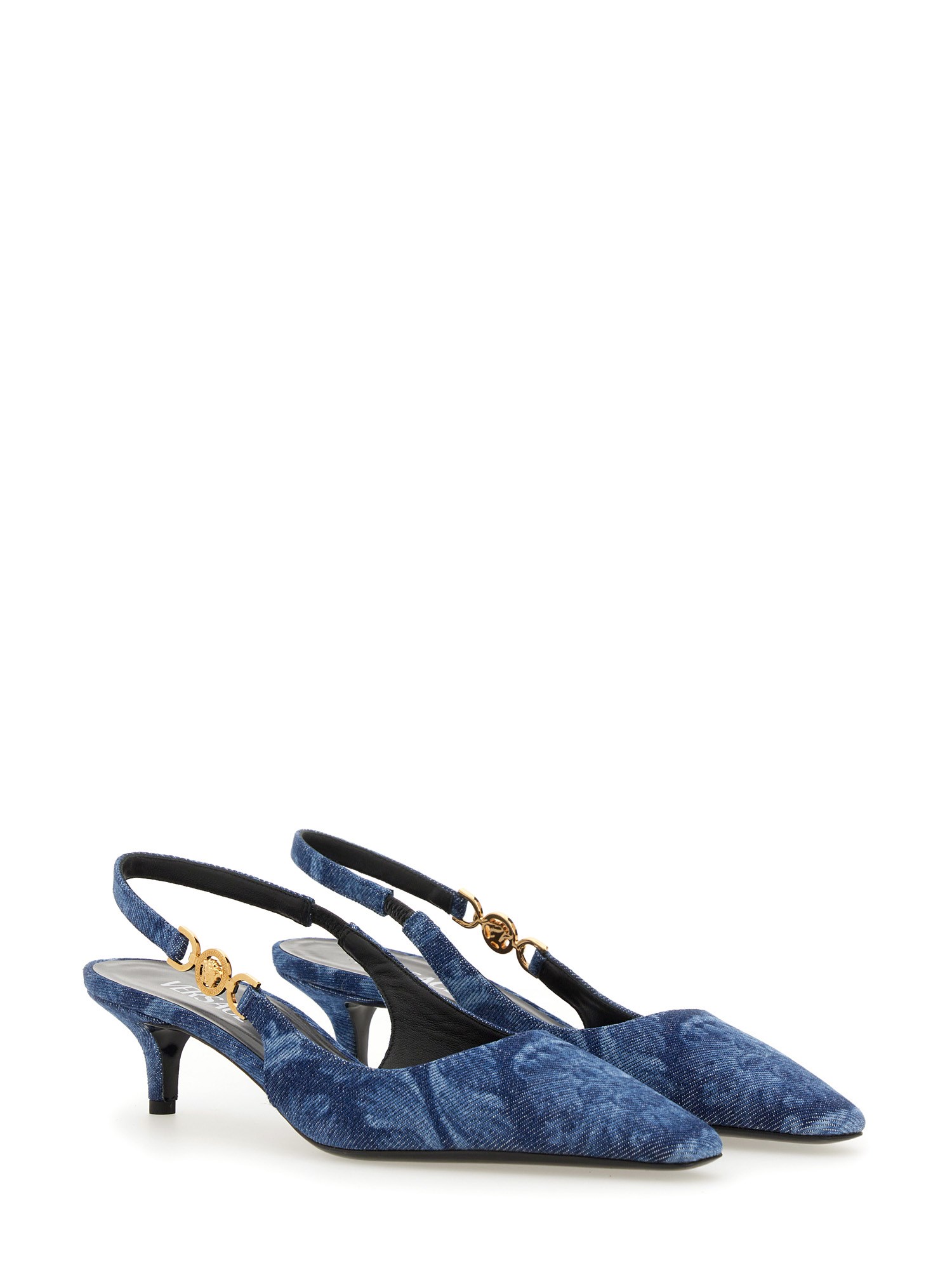 Versace baroque denim low pumps- Google SEO-friendly result: Versace blue Baroque printed low-heel pumps