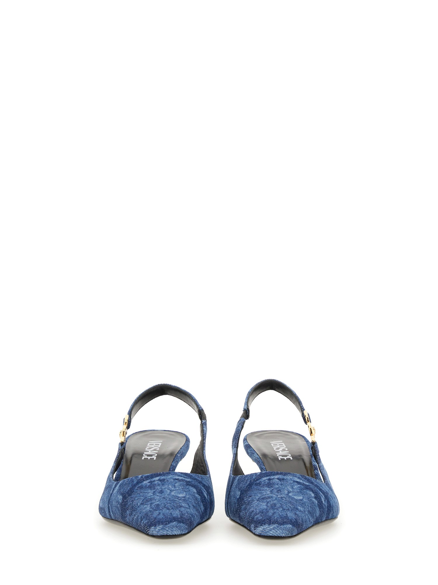 Versace baroque denim low pumps- Google SEO-friendly result: Versace blue Baroque printed low-heel pumps