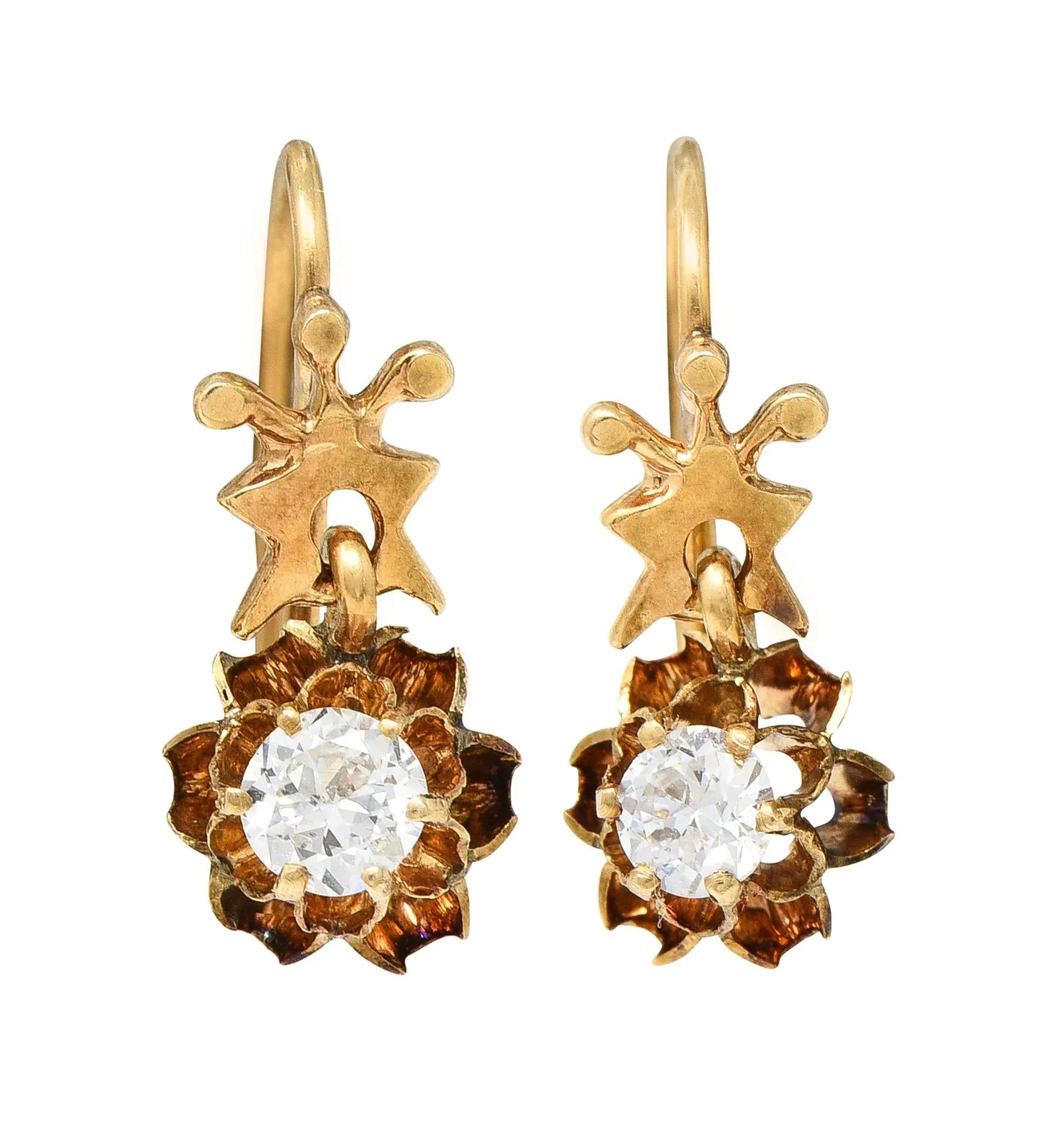 Victorian 0.40 CTW Diamond 14 Karat Yellow Gold Antique Belcher Set Drop Earring