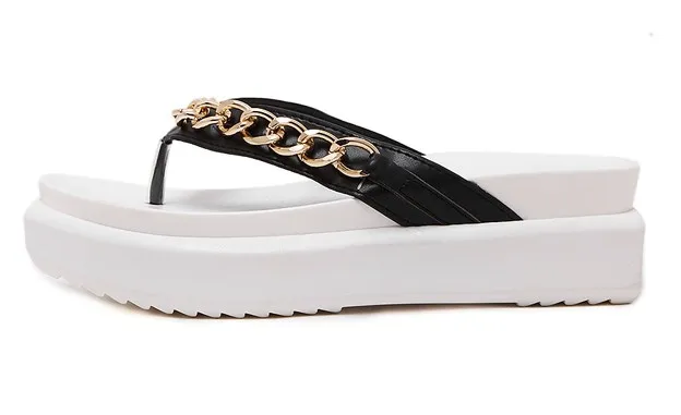 White Gold Chain Flip Flop Beach Platforms Sandals