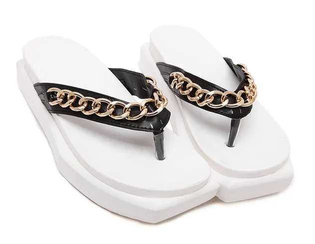 White Gold Chain Flip Flop Beach Platforms Sandals