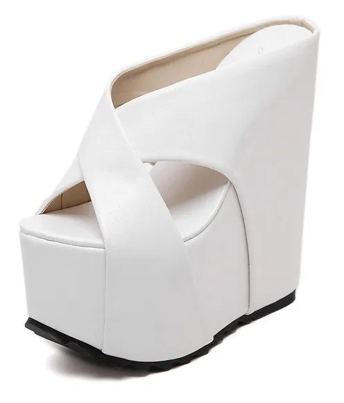 White Cross Strap Platform Wedge Sandals