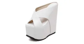 White Cross Strap Platform Wedge Sandals