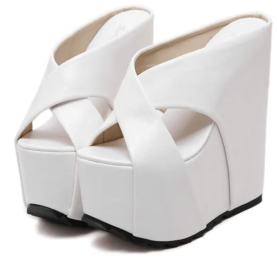 White Cross Strap Platform Wedge Sandals