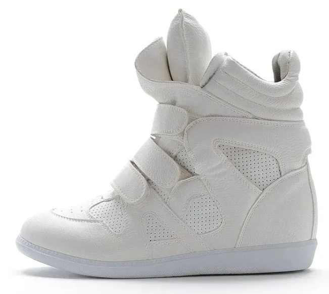 White High Top Hidden Wedge Sneakers with Velcro Tape