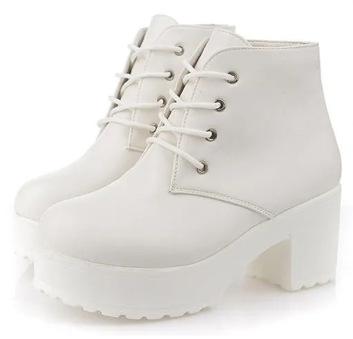 White Ankle Platforms Block Heels Boots