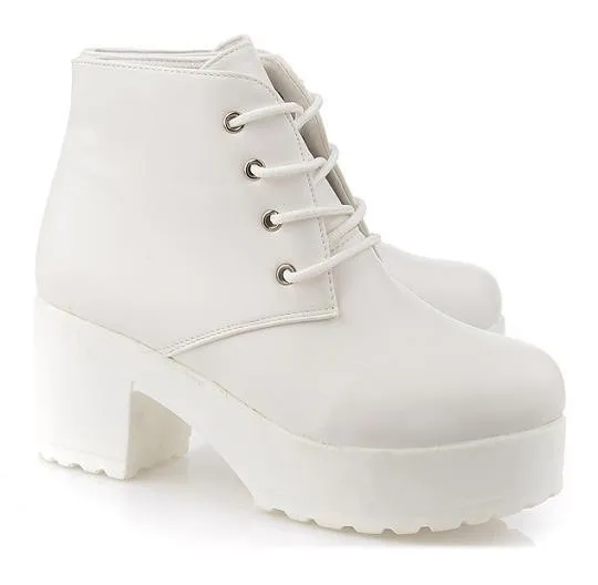 White Ankle Platforms Block Heels Boots