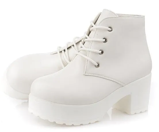 White Ankle Platforms Block Heels Boots