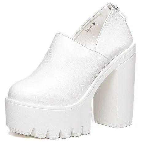 White Punk Rock Gothic Chunky Sole Block High Heels Platform Pumps