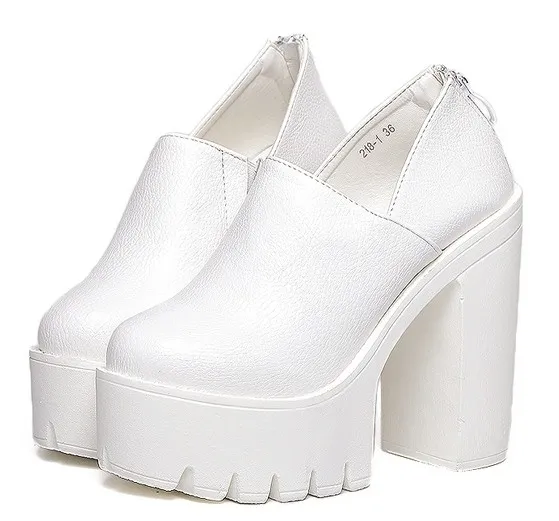 White Punk Rock Gothic Chunky Sole Block High Heels Platform Pumps