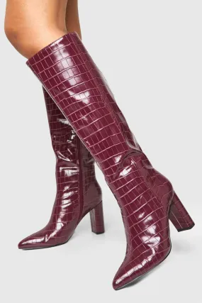 Wide Fit Croc Pointed Knee High Heeled Boots