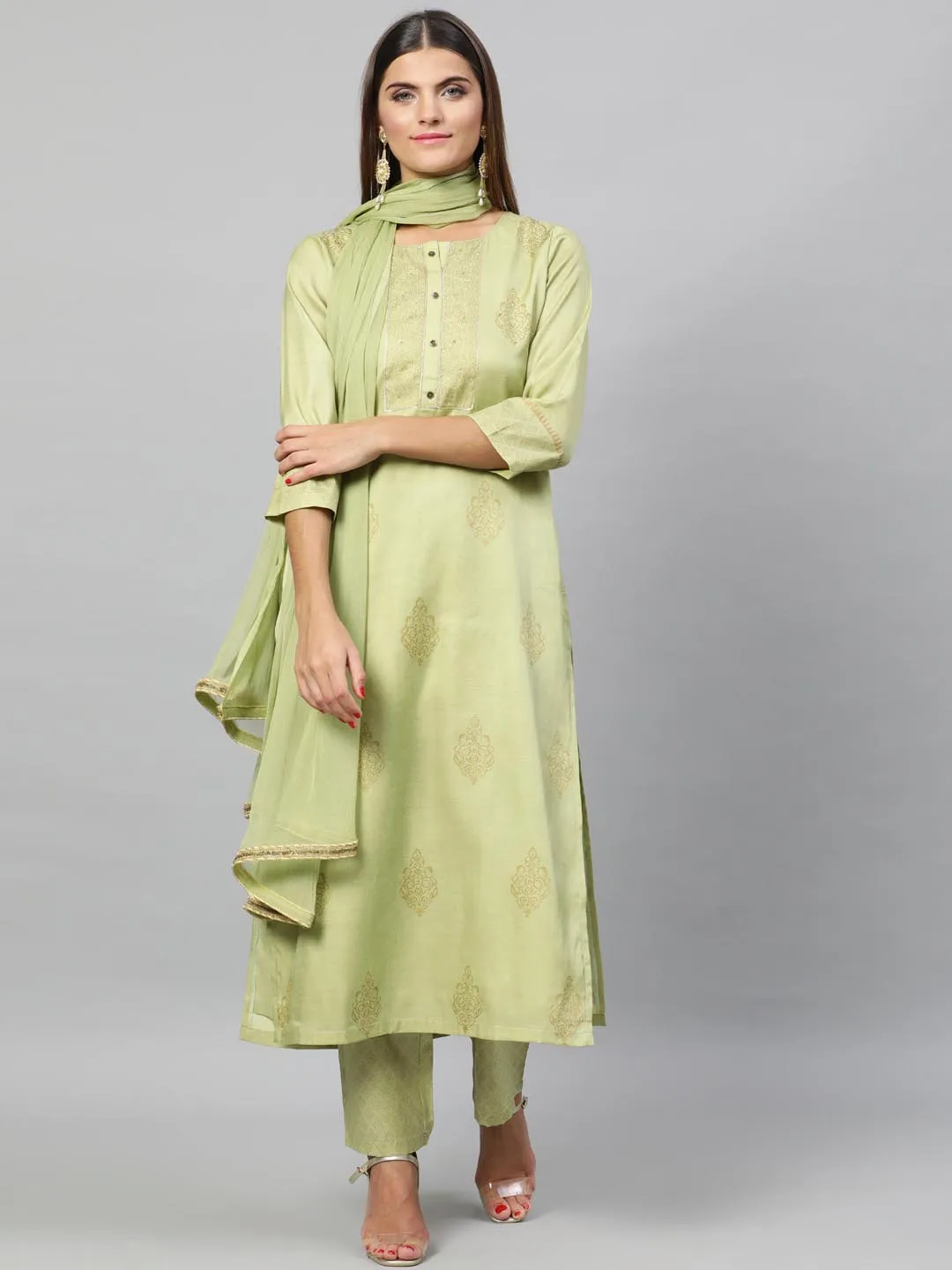 Women Green Yoke Design Kurta with Trousers Dupatta