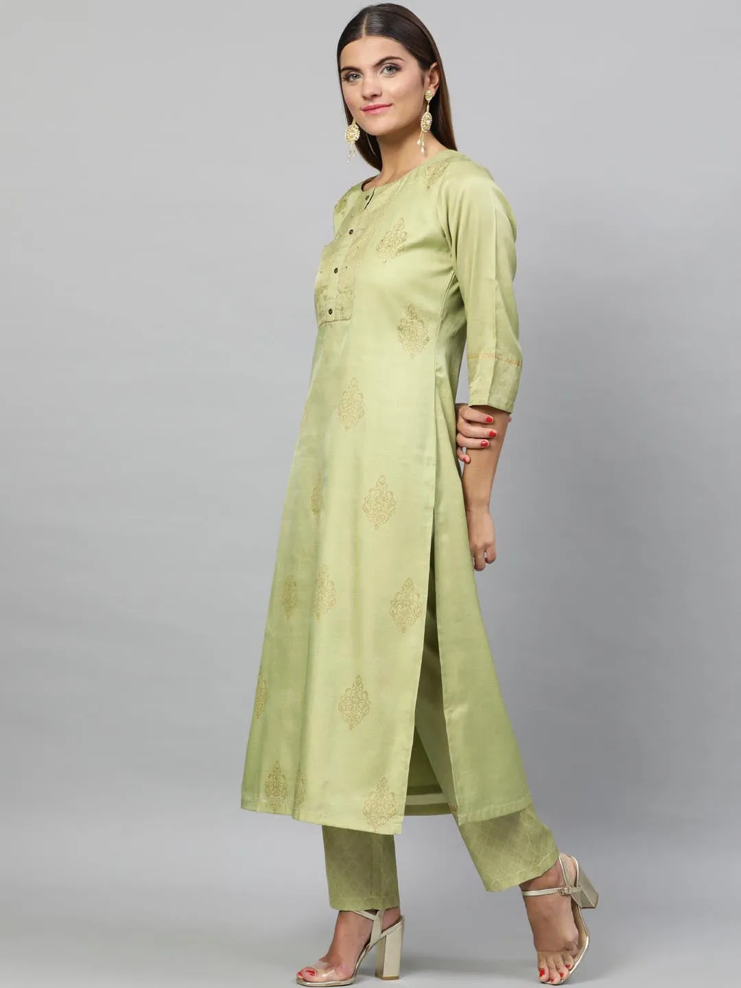 Women Green Yoke Design Kurta with Trousers Dupatta