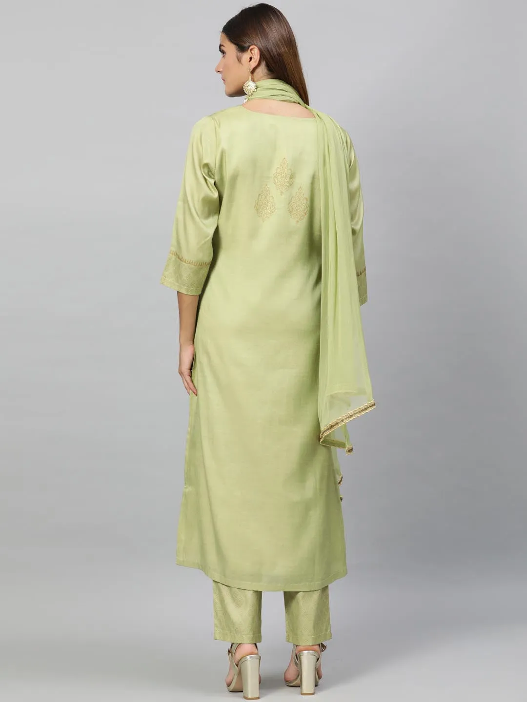 Women Green Yoke Design Kurta with Trousers Dupatta