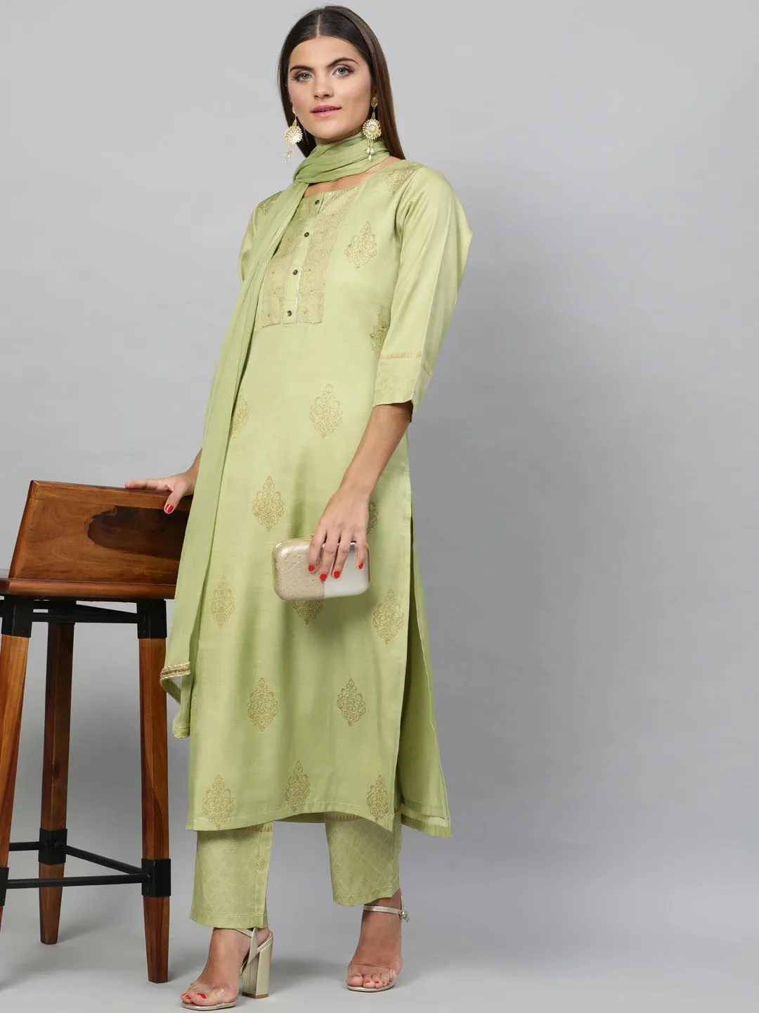 Women Green Yoke Design Kurta with Trousers Dupatta