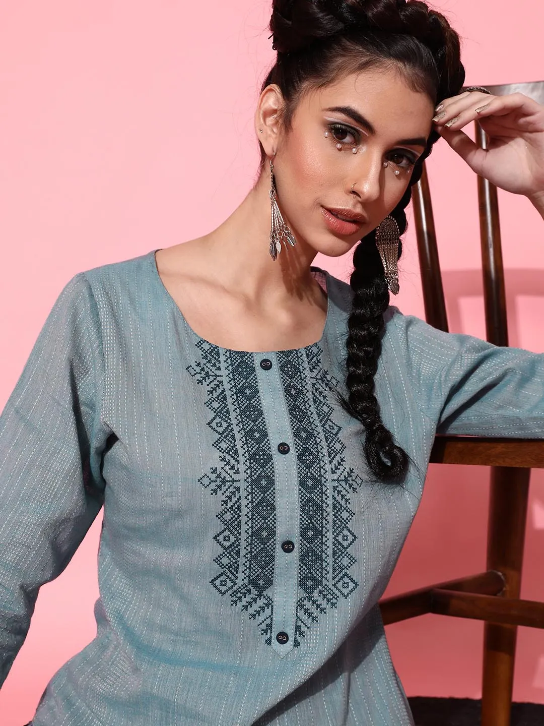 Women Grey Blue Embroidered Pure Cotton Kurta with Trousers