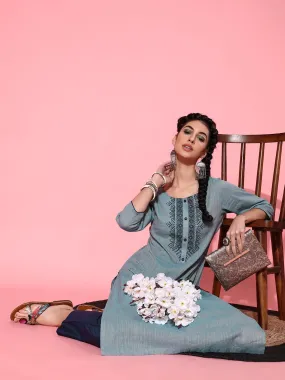 Women Grey Blue Embroidered Pure Cotton Kurta with Trousers