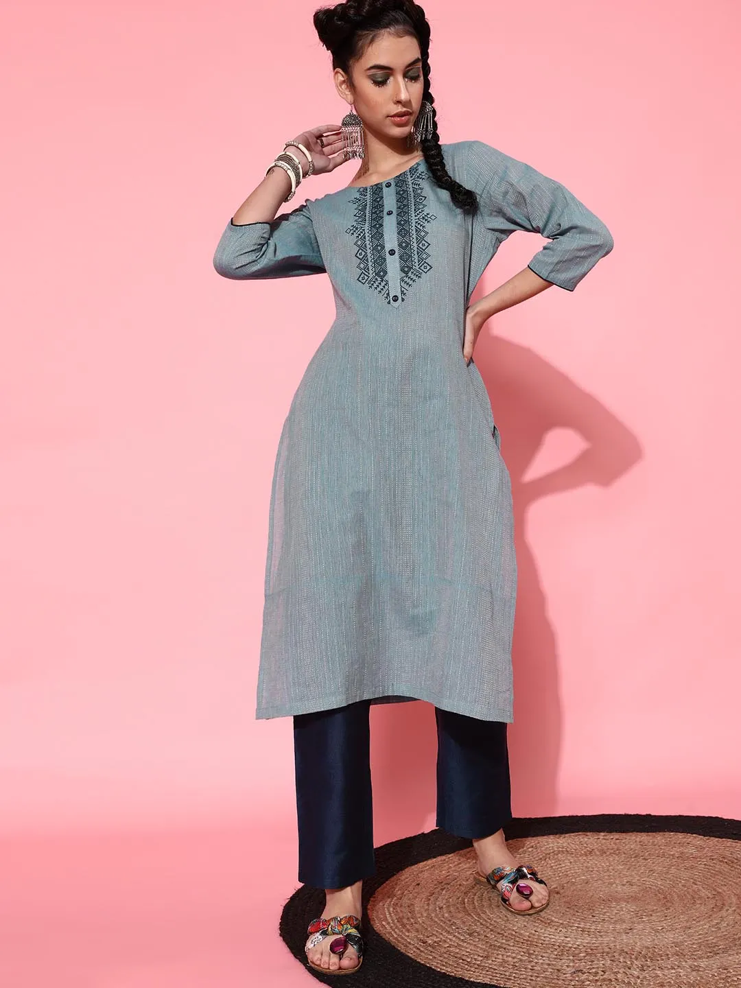 Women Grey Blue Embroidered Pure Cotton Kurta with Trousers