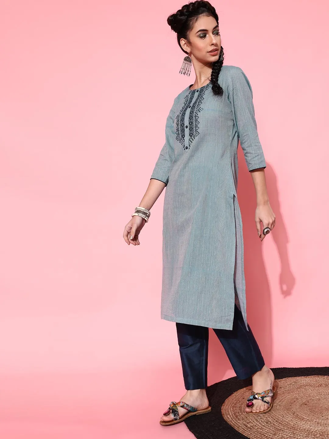 Women Grey Blue Embroidered Pure Cotton Kurta with Trousers