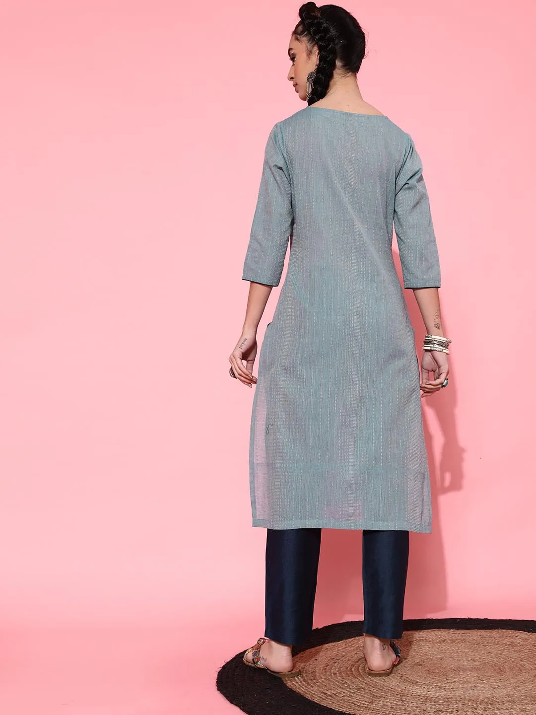 Women Grey Blue Embroidered Pure Cotton Kurta with Trousers