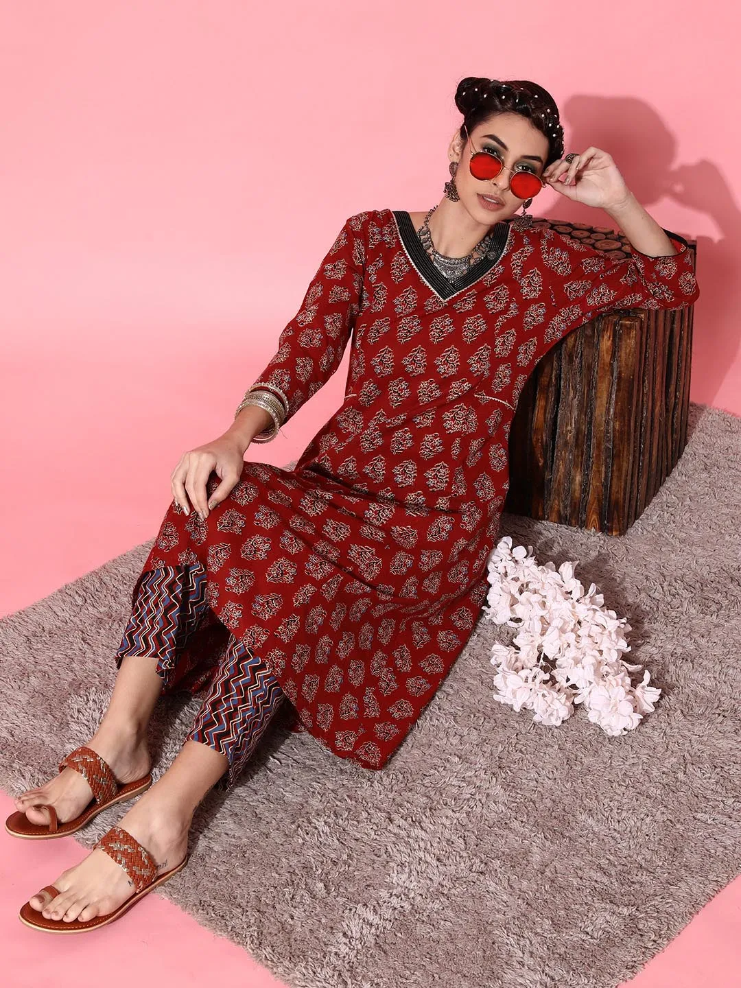 Women Maroon Printed Pure Cotton Kurta with Trousers