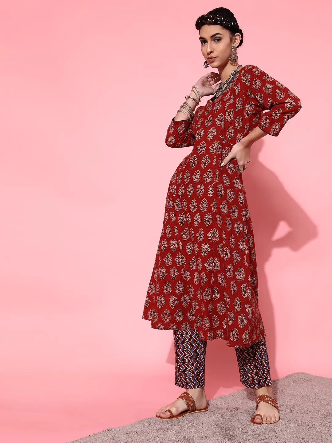 Women Maroon Printed Pure Cotton Kurta with Trousers