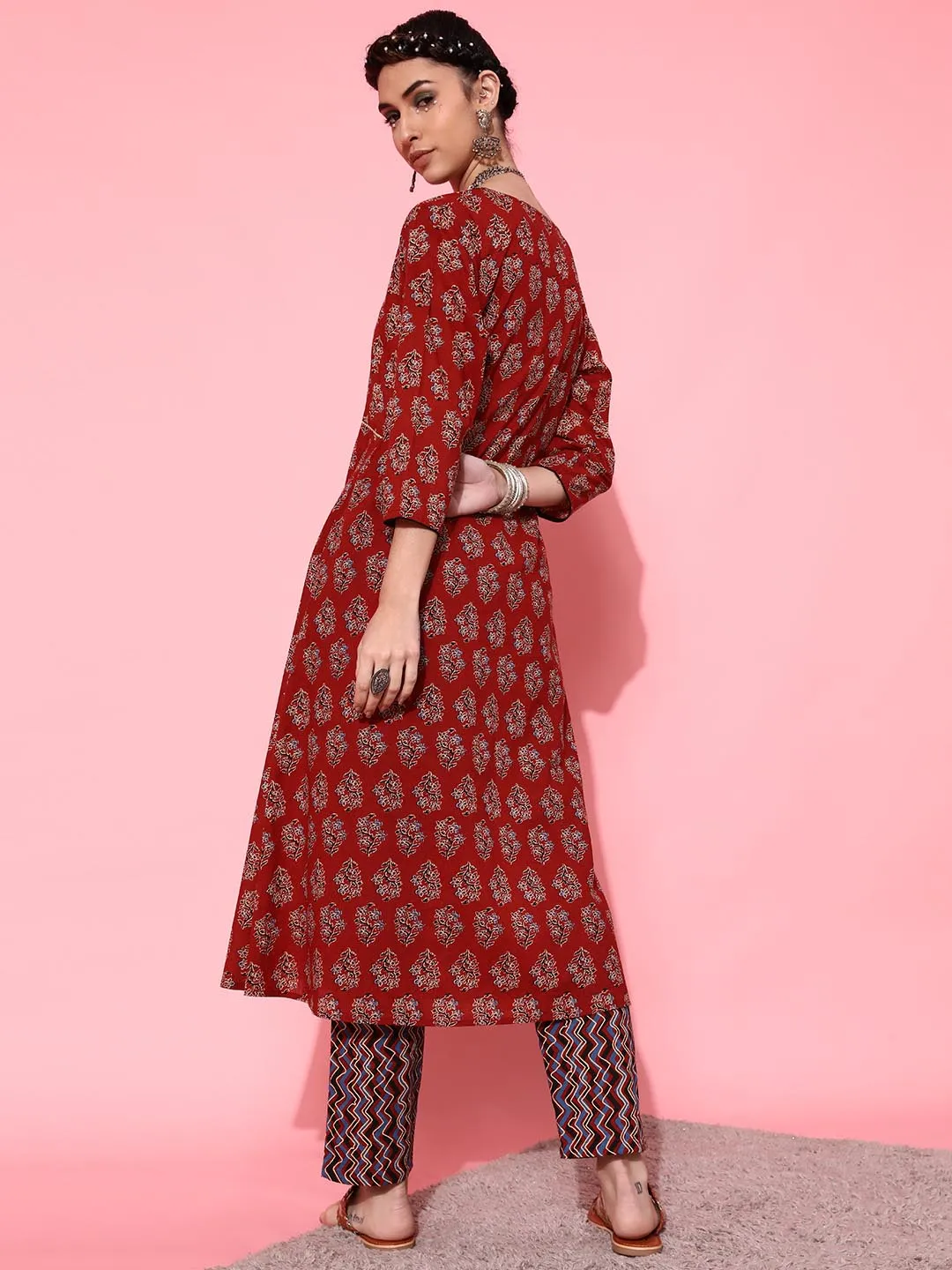 Women Maroon Printed Pure Cotton Kurta with Trousers