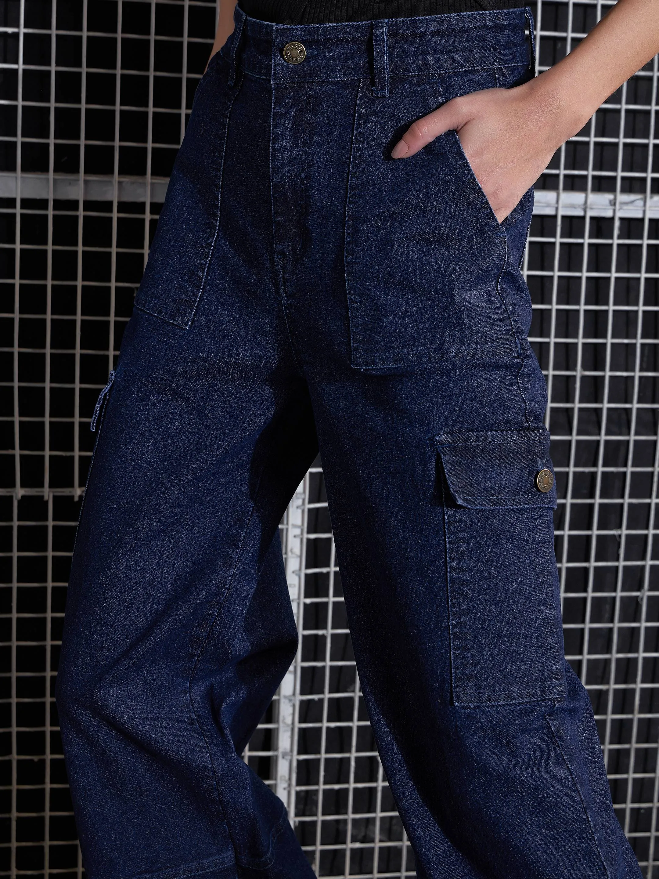 Women Navy Blue Hem Strap Neck Straight Jeans