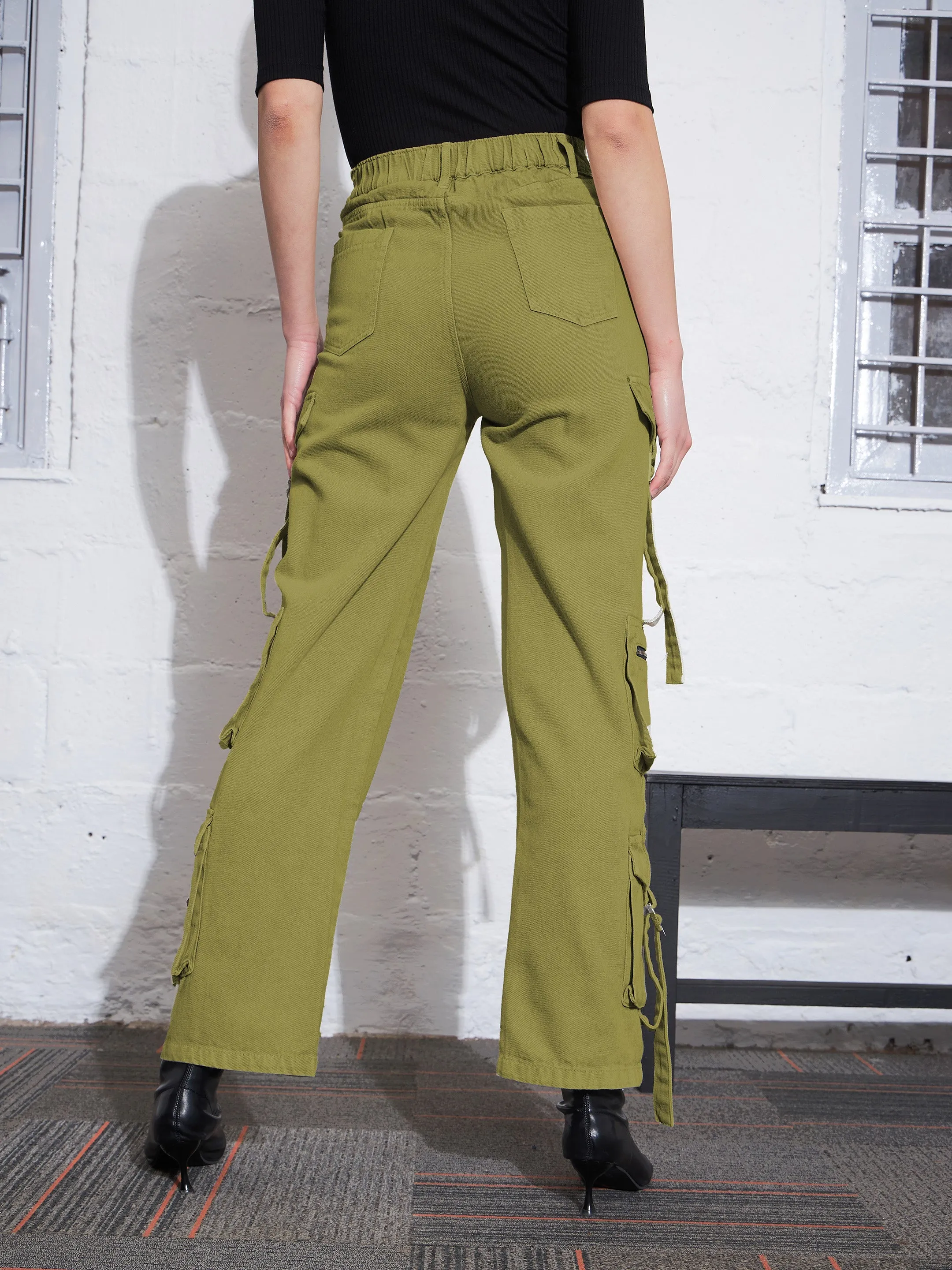 Women Olive Cargo Straight Jeans