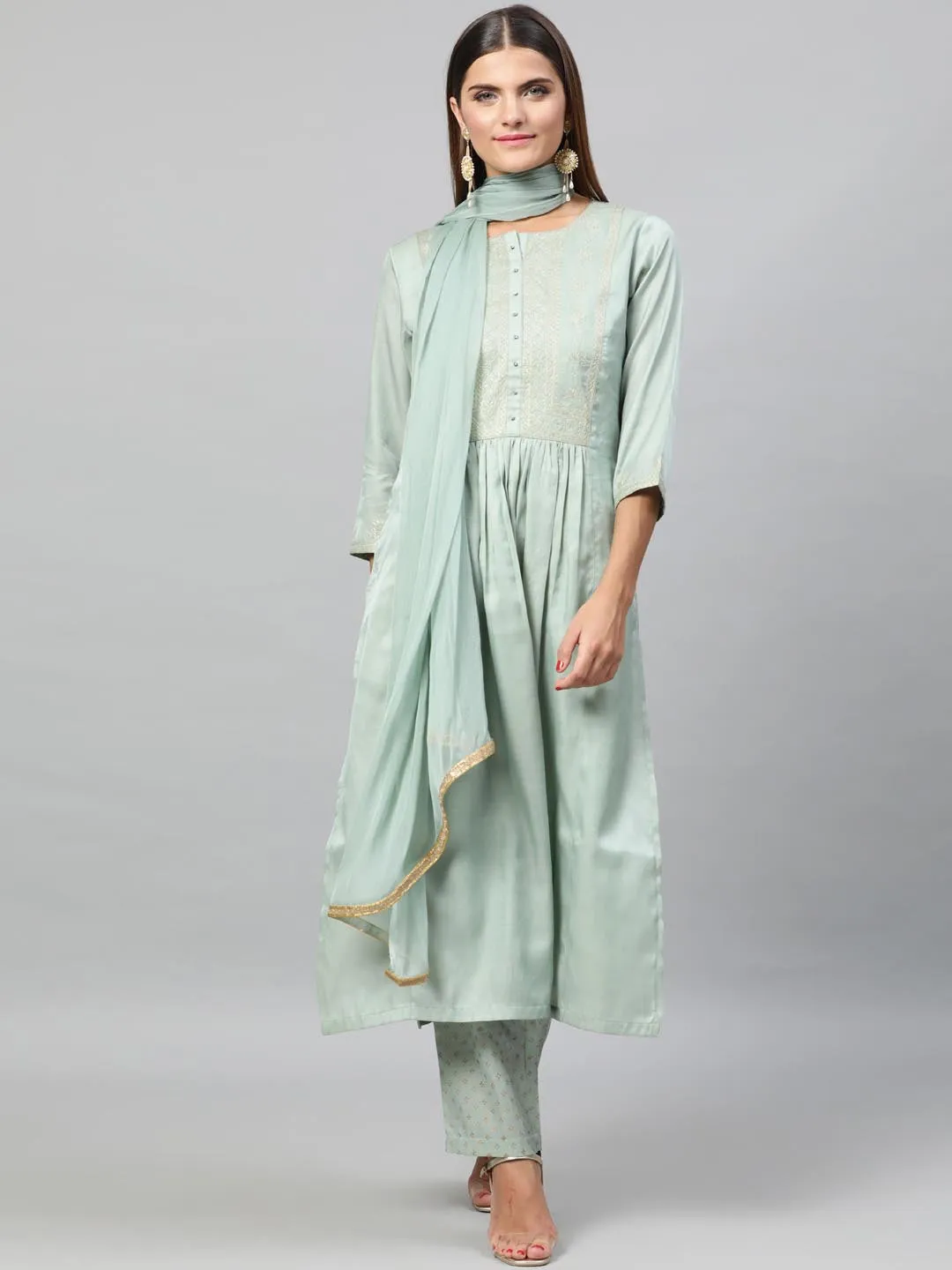 Women Sea Green Self Design Kurta with Trousers Dupatta