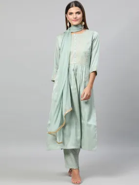 Women Sea Green Self Design Kurta with Trousers Dupatta