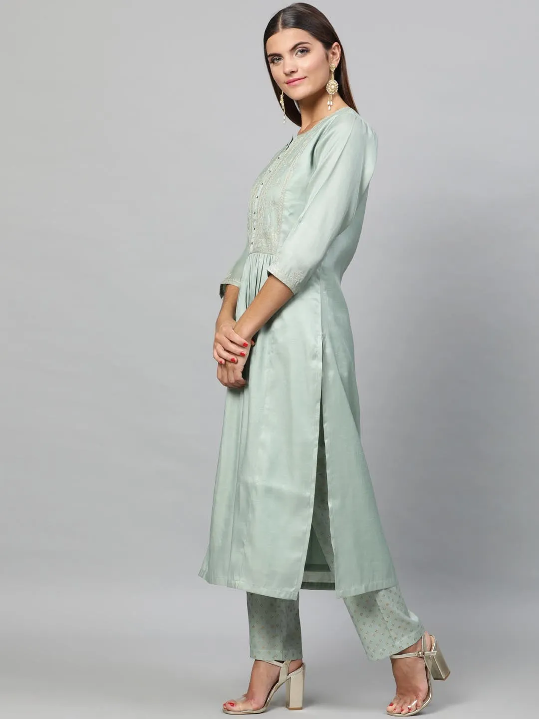 Women Sea Green Self Design Kurta with Trousers Dupatta