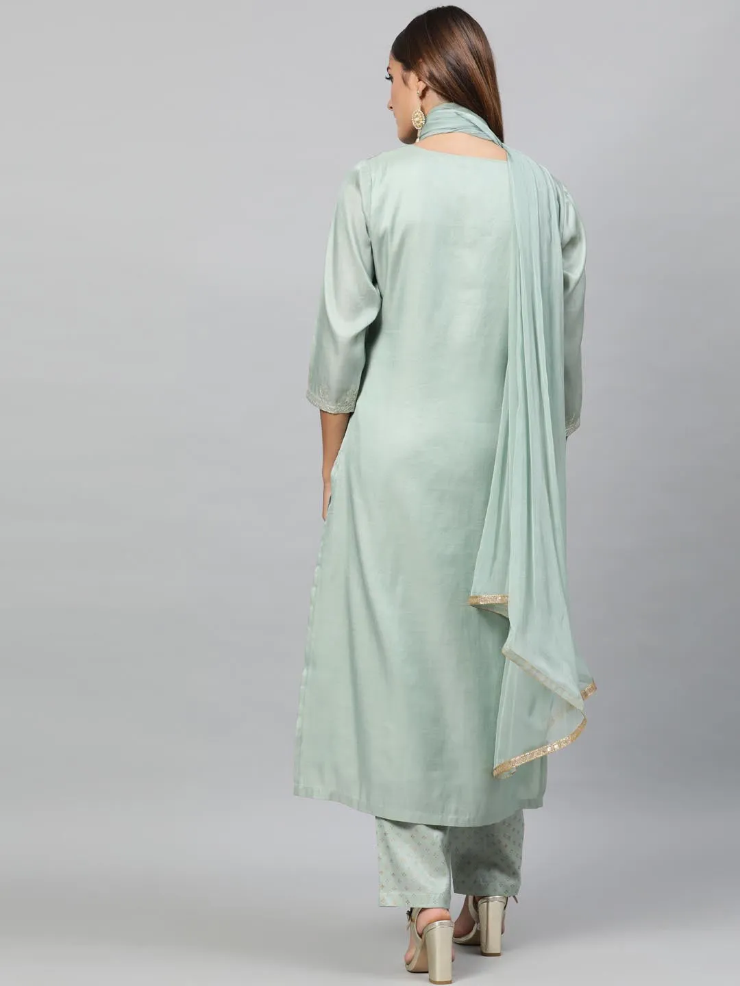 Women Sea Green Self Design Kurta with Trousers Dupatta