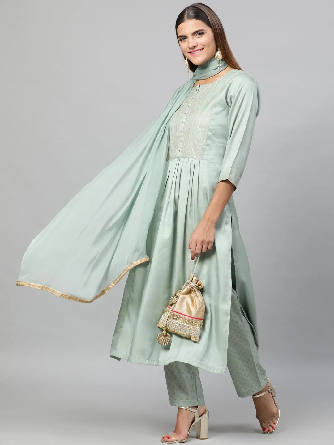 Women Sea Green Self Design Kurta with Trousers Dupatta