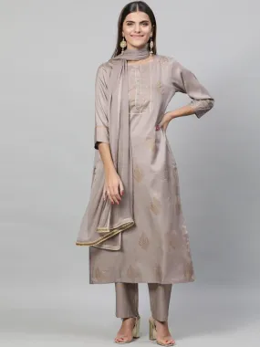 Women Taupe Woven Design Kurta with Trousers Dupatta