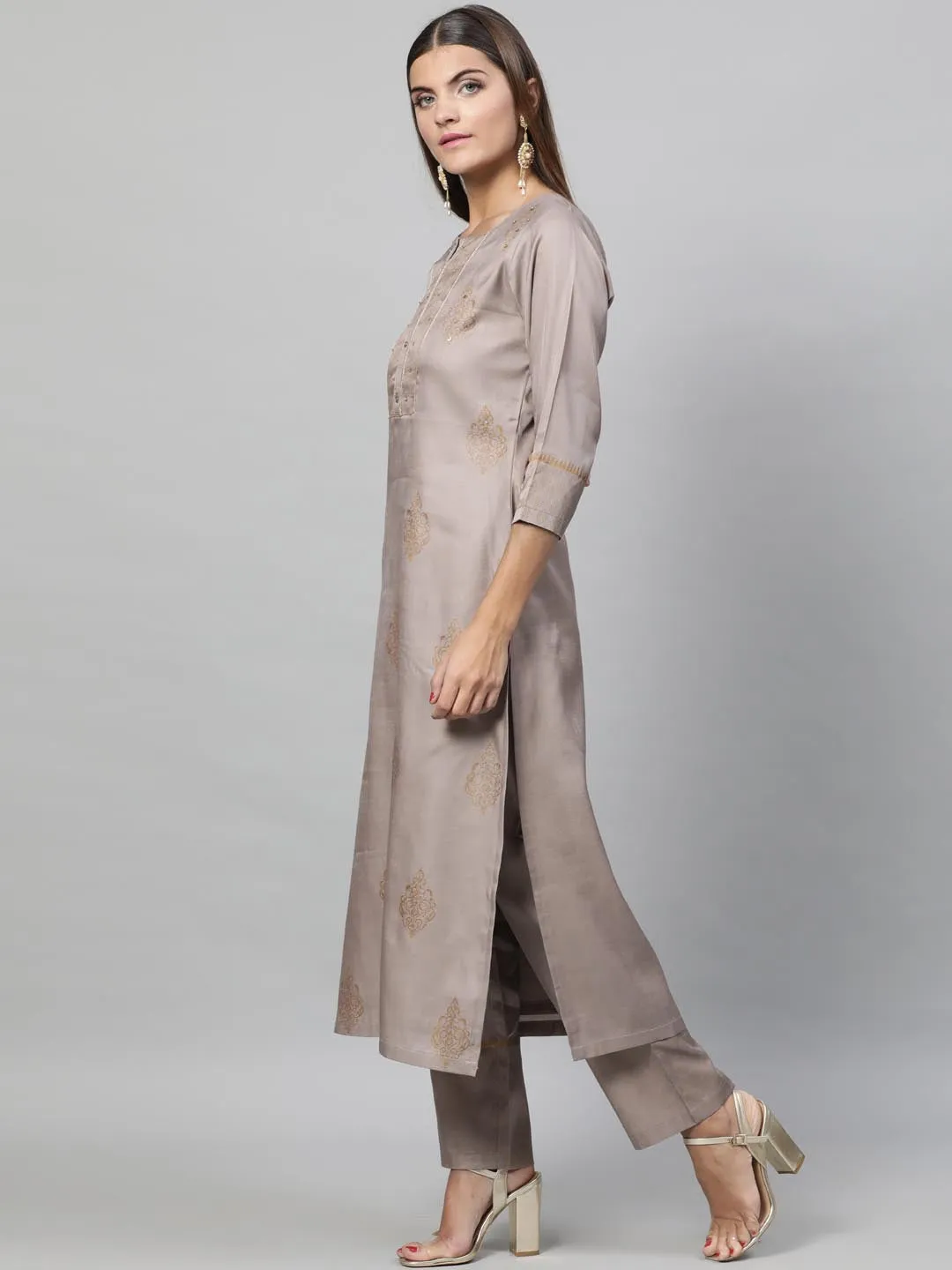 Women Taupe Woven Design Kurta with Trousers Dupatta