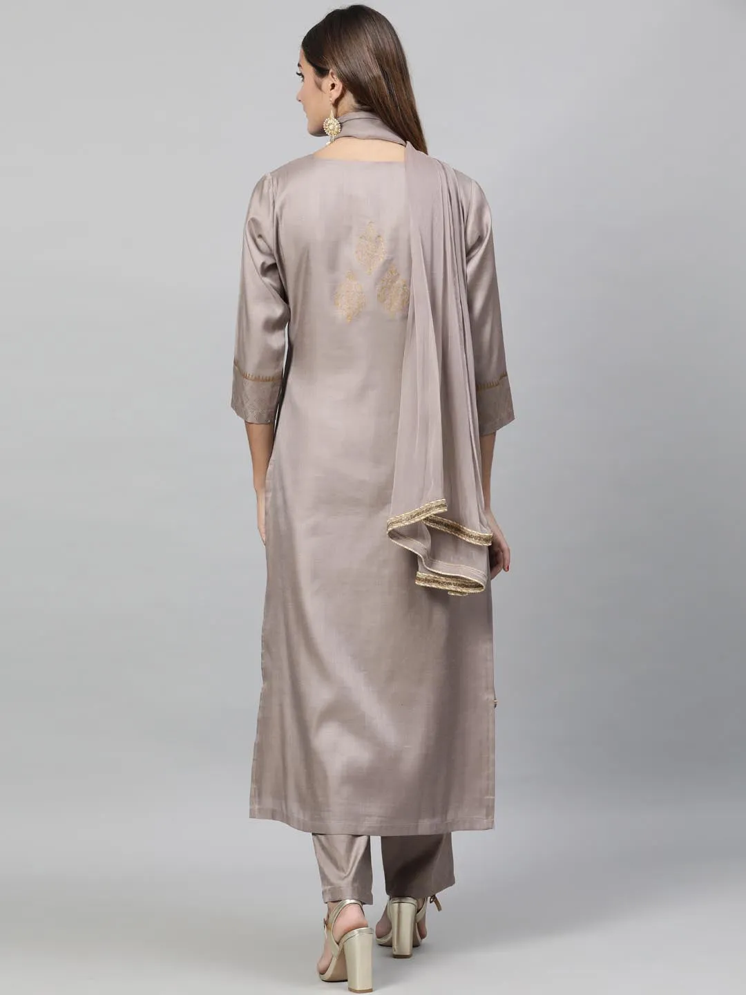 Women Taupe Woven Design Kurta with Trousers Dupatta