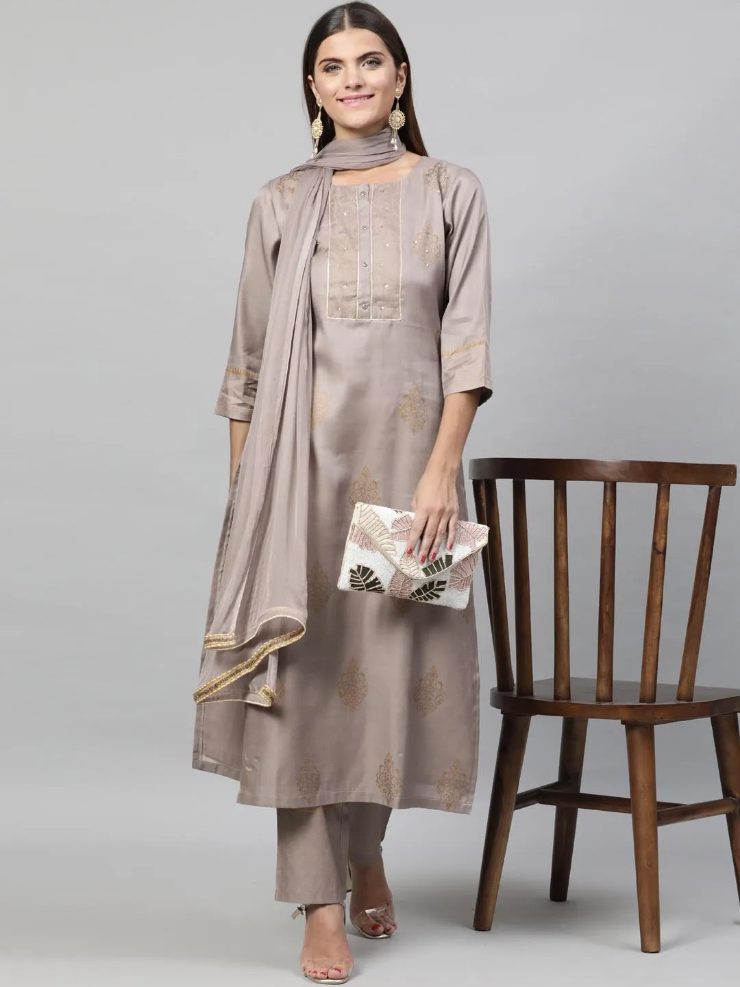 Women Taupe Woven Design Kurta with Trousers Dupatta