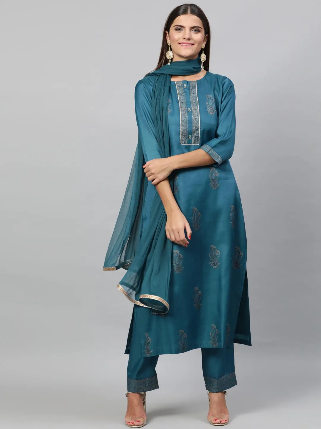 Women Teal Self Design Kurta with Trousers Dupatta