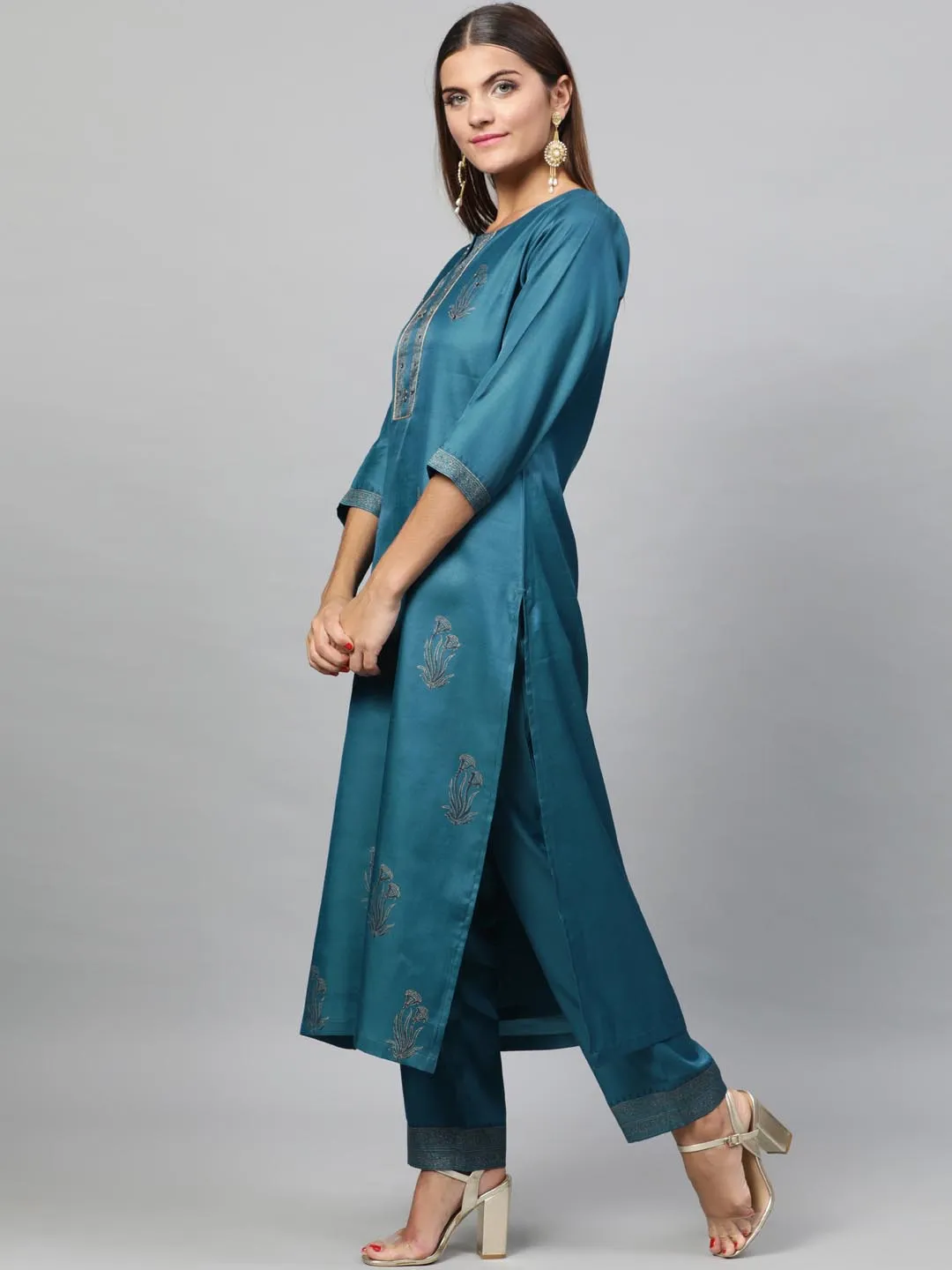 Women Teal Self Design Kurta with Trousers Dupatta