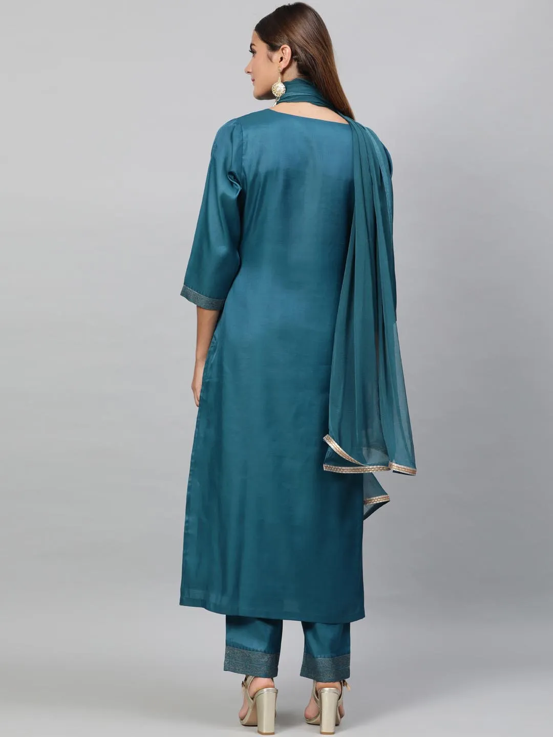 Women Teal Self Design Kurta with Trousers Dupatta