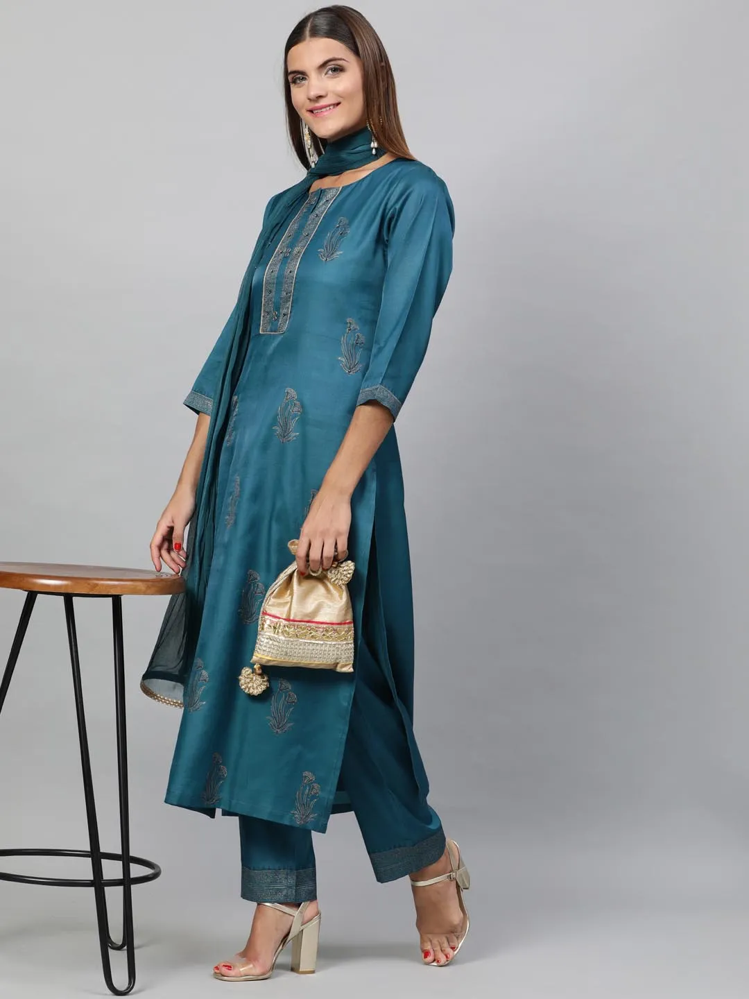 Women Teal Self Design Kurta with Trousers Dupatta