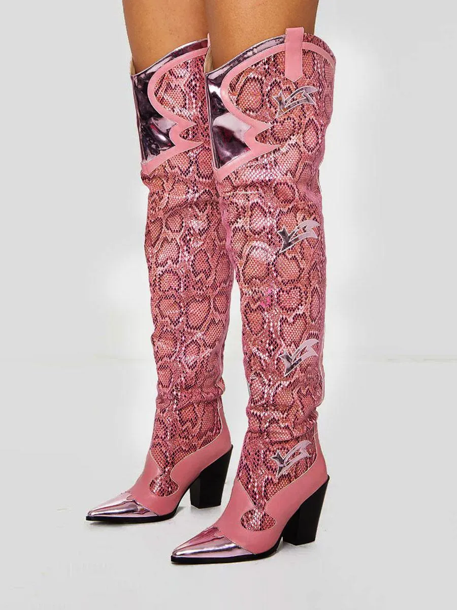 Rustic Snake Patterned Western Over-the-Knee Boots with Chunky Heel